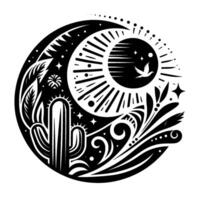 Black and white circular desertthemed illustration, combining cactus, sun, moon, stars, and flora, with a flying bird element, in a modern boho style. vector