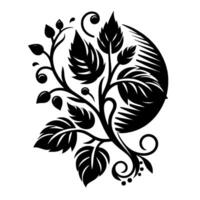 Elegant black floral with stylized leaves, berries, and graceful twirls set against a white background, creating a striking, artistic silhouette. vector