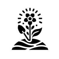 Black and white illustration of a flower blooming from soil with a shovel, surrounded by light bursts, symbolizing growth. vector