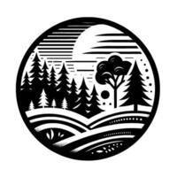 Stylized Black and White Circular Illustration of a Forest Landscape with Trees, Hills, and a Partially Visible Sun or Sky. vector