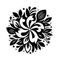 Symmetrical Black and White Floral Mandala with intricate leaf and petal patterns, creating a harmonious, stylized on a stark white background. vector