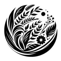 Intricate monochrome floral arrangement, artistically composed in a circular pattern, showcasing diverse botanical elements. vector