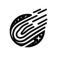 Black and white featuring a stylized fingerprint merged with a comet, complete with star accents, representing individuality and celestial movement. vector