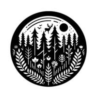 Black and White Stylized Forest Scene with Deer, Pines, Flowers, Birds, and a Moon within a Circle . vector
