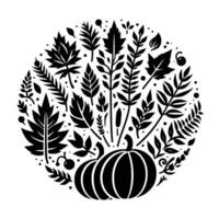 Black and white circular featuring a pumpkin at the base, surrounded by various leaves, branches, and small berries and dots, evoking autumn. vector