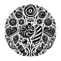 Intricate Black and White Circular Featuring Candies, Sweets, Flowers, and Decorative Elements, Arranged in a Symmetrical Pattern. vector