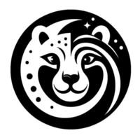 Symbolic Black and White of a Feline with Patterned Face in Circle, Star Dot Elements. vector