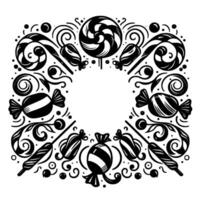 Intricate Black and White Candy Border with Lollipops, Candy Canes, and Sweets, Artistic Circular Composition vector