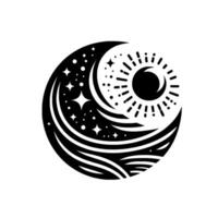 Celestial Yin Yang A black and white stylized illustration of the sun, moon, stars, and ocean waves, representing balance. vector