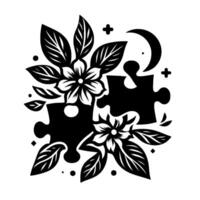 Harmonious Black White Floral Puzzle Composition, with Crescent and Cross Elements, Symbolizing Unity and Interconnectedness. vector