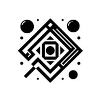 Black and white geometric abstract with concentric shapes, lines, dots, and bubbles creating a minimalist and balanced composition. vector
