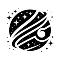 A stylized black and white celestial body illustration with orbiting bands, star clusters, and a central eyelike shape against a pure white backdrop. vector