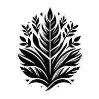 Intricate symmetrical black and white botanical illustration featuring stylized leaves and branches with geometric elements. vector