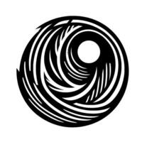 A captivating black and white abstract vortex illustration featuring a central white circle, and radial linear patterns with sharp, layered elements on a white background. vector