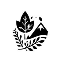 Minimalist Black and White Nature Illustration Leafy Tree, Mountain, Plants, and Scenic Silhouette Within a Circle. vector