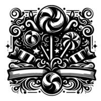 Ornate Black and White Candy Illustration with Swirls, Lollipops, and Banners in a Decorative Pattern. vector