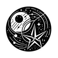 Celestial Emblem A Monochrome Depicting Stars, Planets, and a Starburst Within a Circular Frame. vector