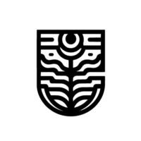 Abstract black and white of a shieldlike symbol featuring stylized waves, leaves, and sunlike motifs. vector