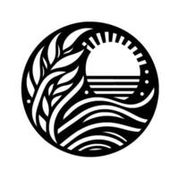 Elegant Circular Black and White Stylized Sun, Sea, and Foliage Elements, Creating a Minimalist and Harmonic Visual for Branding. vector