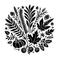Monochromatic Circular Composition of Autumnal Flora Including Leaves, Berries, Pumpkin, and Twigs, in a Minimalist Illustration. vector