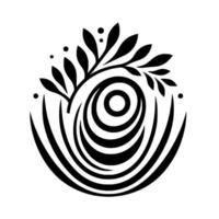 A stylized black and white minimalist featuring concentric circles, curved lines, and a branch with leaves, creating a balanced organic composition. vector