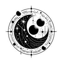Celestial YinYang Moon, Stars, and Planets Encircled in a Mystical Black and White Universe, Dotted Lines Emphasize Compass. vector