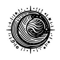 Mystical celestial illustration, featuring a swirling celestial sphere enveloped by a crescent moon, surrounded by stars, symbols, and embellishments. vector