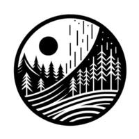 Yin Yang Symbol Depicting a Stylized Mountain Landscape with Trees, Sun, and Rain, in a Minimalist Black and White . vector