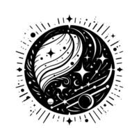Celestial Yin Yang Cosmic Black White Featuring Stars, Planets, and Swirls within a Circular Frame. vector