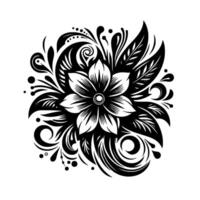 Intricate Black and White Floral A Detailed Illustration Featuring a Central Bloom, Leaves, and Spirals on a Clean White Background. vector