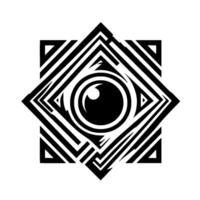 Geometric Eye A stark, monochrome featuring a stylized eye encompassed within a multilayered starlike arrangement of black and white geometric shapes. vector