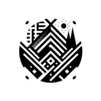 Abstract Geometric Composition Black White TribalInspired featuring Mountains, Tent Structure and Sun within a Circular Frame. vector