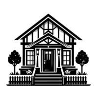 style Illustration of a Classic American House with Gable Roof, Porch, Trees, and Picket Fence, in a black and white . vector