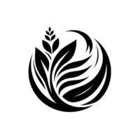 Stylized black and white circular botanical emblem featuring leaves, a wheat stalk and a curved accent, representing nature, balance and growth. vector