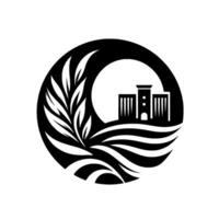 A stylized black and white emblem of a building atop wavy lines, framing foliage inside a circle. vector