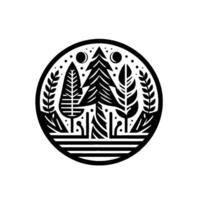 Stylized Black and White Forest Emblem with Pine Trees, Leaves, and Crescent Moons within a Circular Frame. vector
