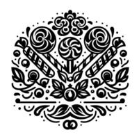Ornate Black and White of Lollipops, Candies, Floral Elements, and Decorative Pattern on a White Background. vector