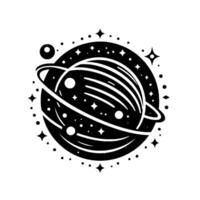 Minimalist Black and White Illustration of a Ringed Planet Surrounded by Stars, Dots, and Moons vector