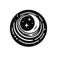 Circular monochrome art piece depicting a crescent moon and three stars within a swirling celestial , reminiscent of a starry night. vector