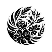 Elegant Black and White Circular Floral Featuring Roses, Leaves, and Ornate Botanical Elements on a Clean Background. vector