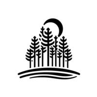 Minimalist Black and White Forest Scene with a Crescent Moon, Silhouetted Trees on a Hill, Serene Nature Illustration. vector