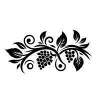 Black Vine Art Elegant Grape Cluster Featuring Leaves, Tendrils, and Decorative Swirls in a Minimalist Style. vector