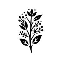 A symmetrical black and white floral with leaves, berries, and buds, set against a plain white background. vector