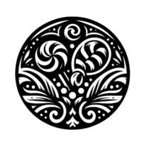 Intricate Black and White Circular Mandala with Swirls, Stripes, Leaves, and Floral Elements in a Style . vector