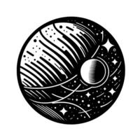 Stylized Celestial Illustration A Black White Circular Featuring Planets, Stars, and Cosmic Elements on a White Background. vector