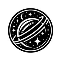 Black and White Circular with a Ringed Planet, Crescent Moon, and Starfield. Minimalist Celestial , for branding. vector