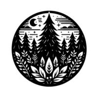 Stylized Black White Forest Scene in a Circle Evergreen Trees, Moon, Plants, and Celestial Elements, Minimalist Illustration vector