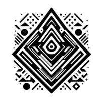 Geometric, symmetrical, monochrome artwork featuring a layered diamondshaped with concentric patterns, various shapes, and bold lines on a white background. vector