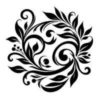 Symmetrical Black and White Floral with Leafy Vines, Swirls, and Circular Arrangement, Isolated on White. vector