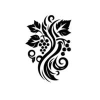 Elegant Black and White Vine with Grapes, Leaves and Swirls, Isolated on White Backdrop for Decorative Usage. vector